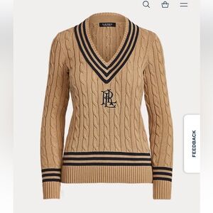 Ralph Lauren Camel V-Neck Sweater with Navy Accents